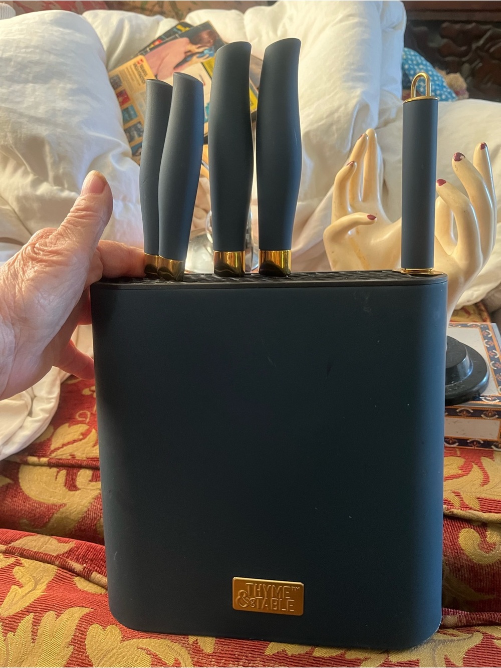 Blue and Gold Knife Block Set thyme & table